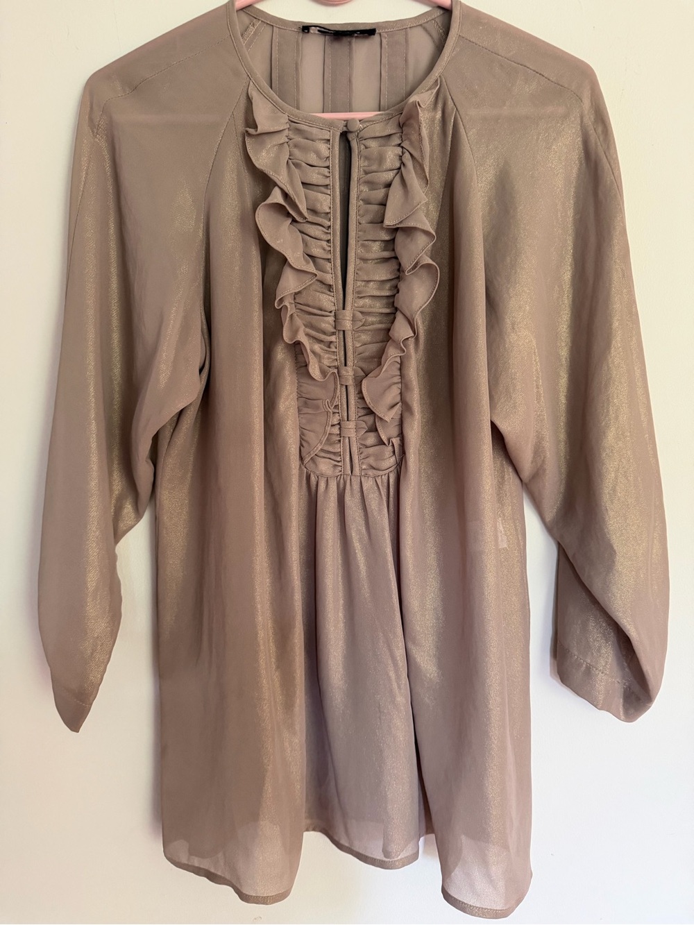 NWOT Nanette Lepore Ruffle Front Shimmery Nude Taupe Blouse 6 S Small
